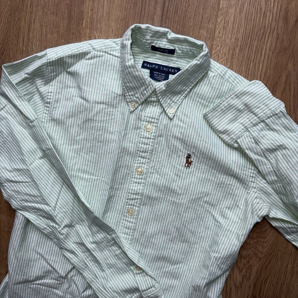 Ralph Lauren Women's 4 Slim Fit Striped Oxford Button Down Green White